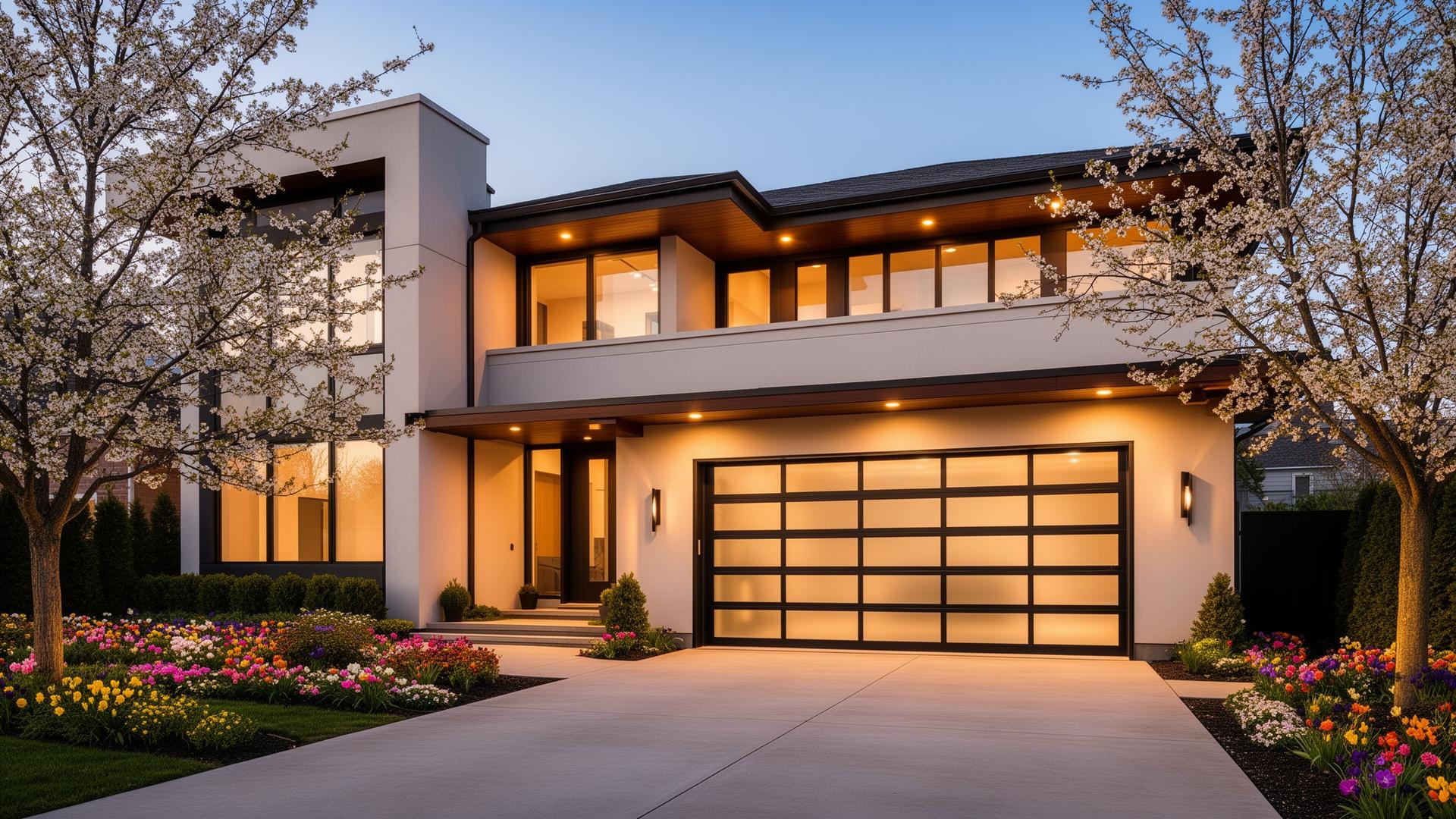 Modern contemporary home with aluminum glass panel garage door - professional installation by Rutherfordton Garage Doors in Western North Carolina